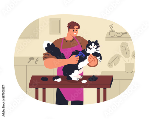 Brushing cats hair in grooming pets salon. Groomer combing kitty, molting feline animal with shedding tool for undercoat and tangled fur. Flat vector illustration isolated on white background