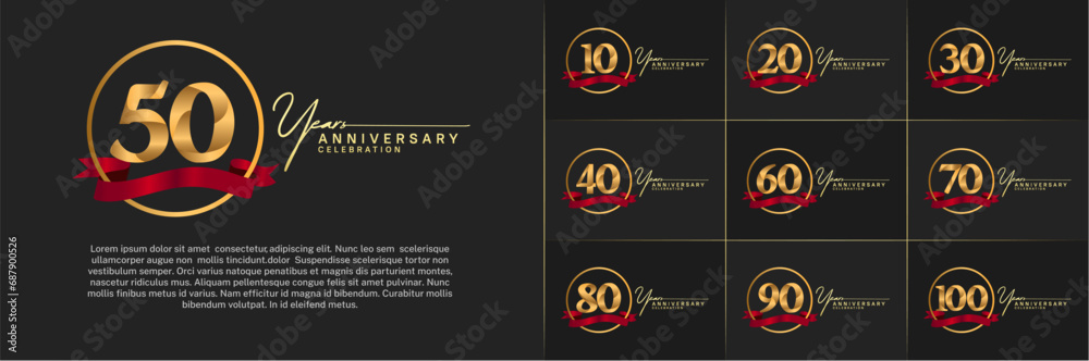 Set of Anniversary Logotype golden color with ring and red ribbon can be use for special day celebration