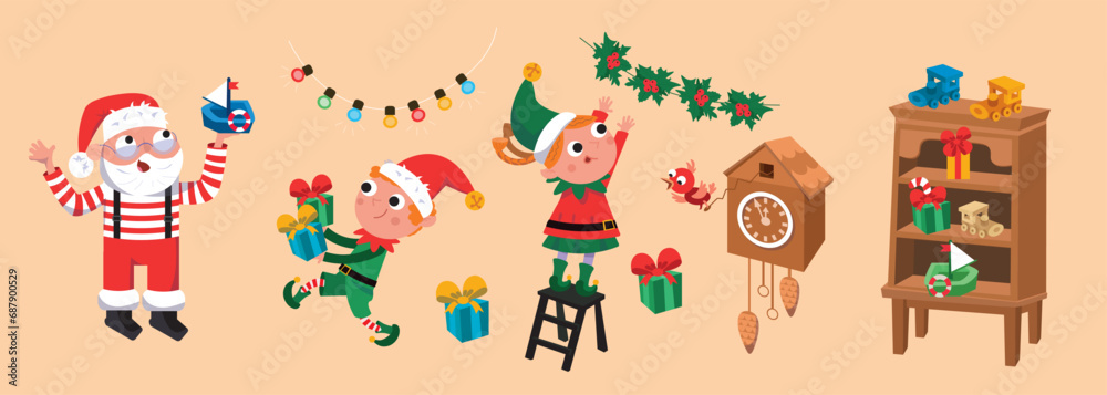 Cute Santa and elf make presents for children. Santa Claus workshop. Winter Christmas holidays. Vector cartoon isolated illustrations, set for design.