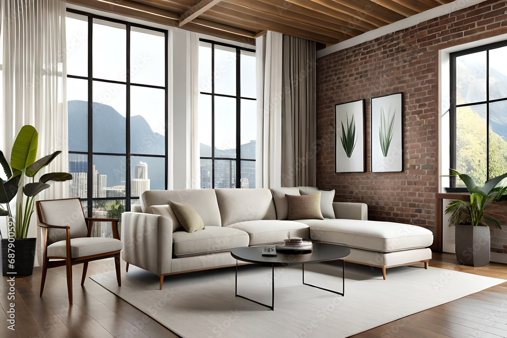 Beige velvet sofa with terra cotta cushions between houseplants. Wooden round coffee table near ottoman on knitted rug. living room interior Beige velvet sofa with terra cotta cushions between houseplants. Wooden round coffee table near ottoman on knitted rug. living room interior