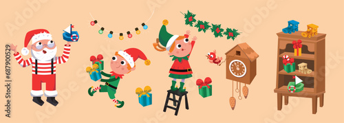Cute Santa and elf make presents for children. Santa Claus workshop. Winter Christmas holidays. Vector cartoon isolated illustrations, set for design.