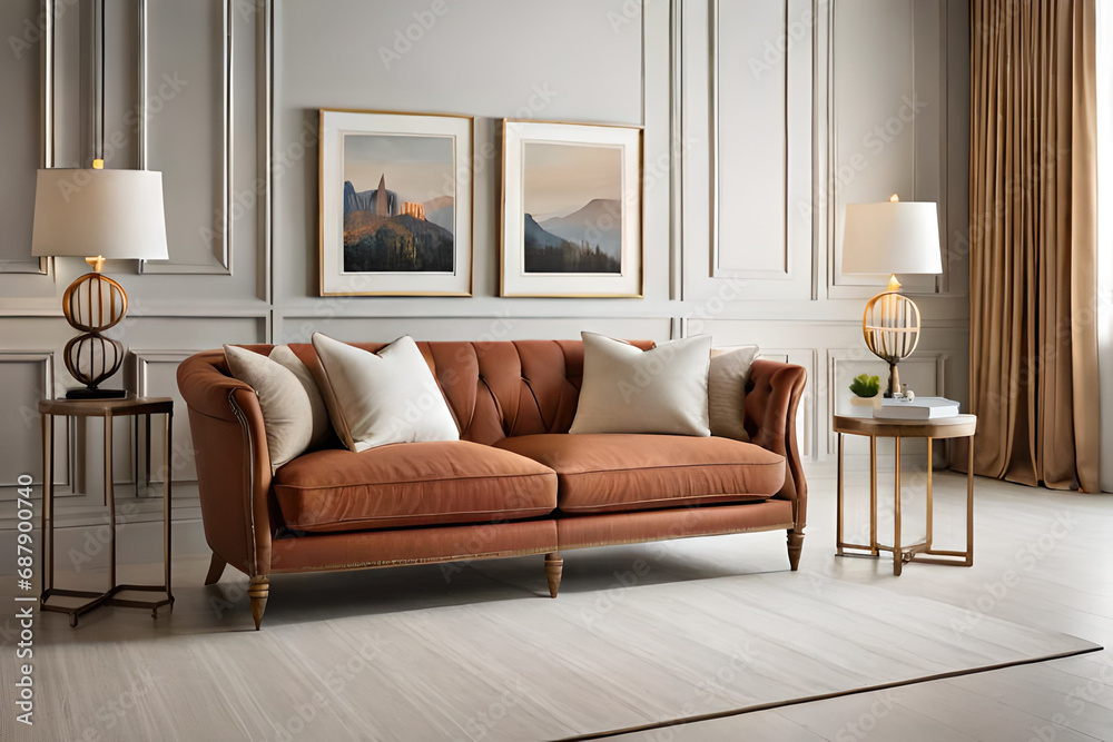 Beige velvet sofa with terra cotta cushions between houseplants. modern living room with sofa Beige velvet sofa with terra cotta cushions between houseplants. modern living room with sofa
