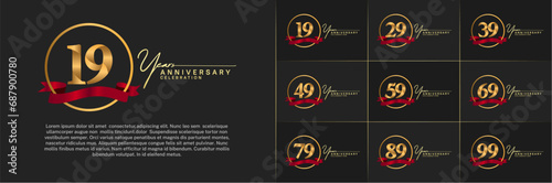 Set of Anniversary Logotype golden color with ring and red ribbon can be use for special day celebration
