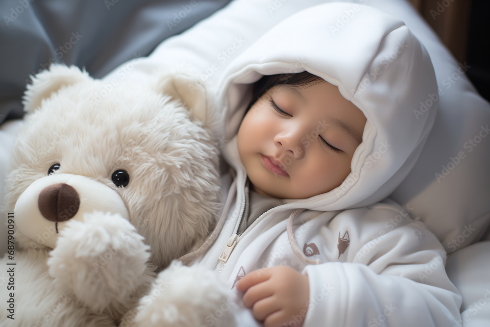 A small asian child sleeps in bed on a white background. Sweet, restful dreams A small asian child sleeps in bed on a white background. Sweet, restful dreams