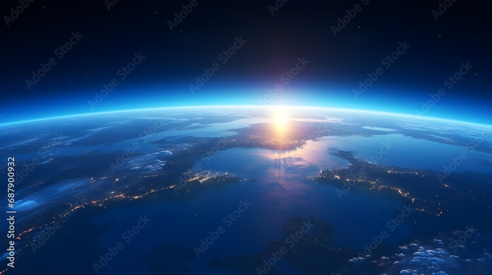 Fototapeta premium blue sunrise, view of earth from space, copy space. Generative AI