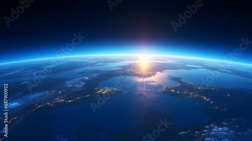 blue sunrise, view of earth from space, copy space. Generative AI