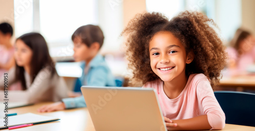 African American girl seated at table, utilizing laptop for online lesson