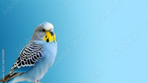 budgerigar looking to side on light blue background, studio shot, copy space. Generative AI