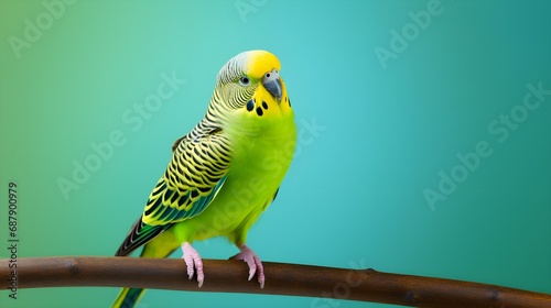 budgerigar looking to side on light green background, studio shot, copy space. Generative AI