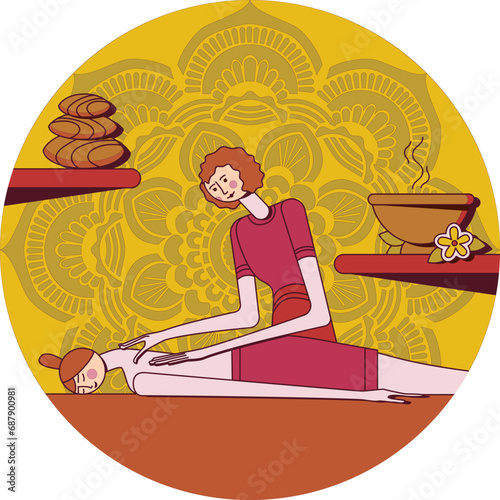 Traditional wellness back and neck massage with professional massage therapis in spa. Isolated flat vector illustration in circle shape.