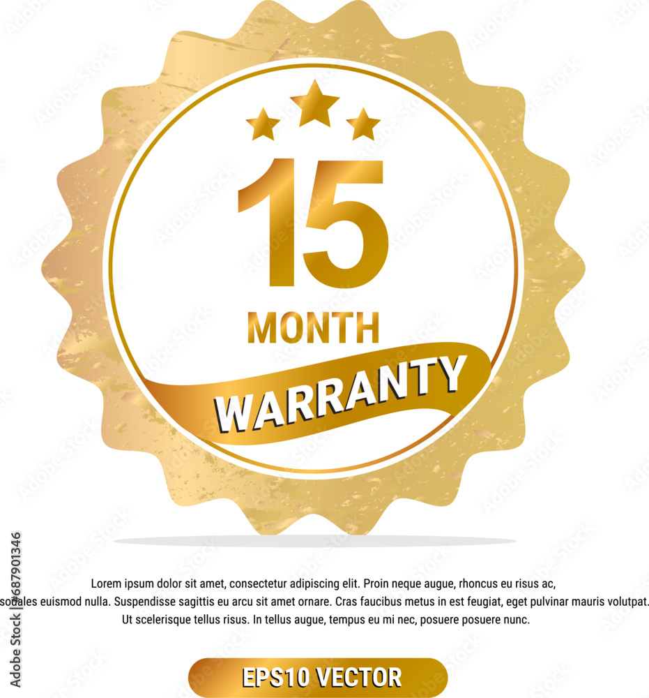 Fototapeta premium 15 month warranty vector art illustration in gold color with fantastic font and white background. Eps10 Vector