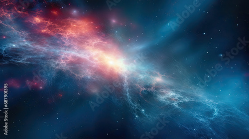  radiant explosion of blue and red illuminates the universe In vast expanse of the cosmos.Nebula and galaxies in space with stars and space dust in the universe