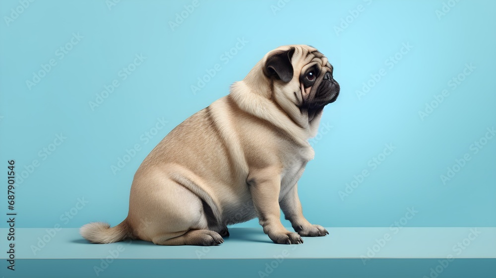 Overweight dog looking to side on light blue background, studio shot, copy space. Generative AI Overweight dog looking to side on light blue background, studio shot, copy space. Generative AI
