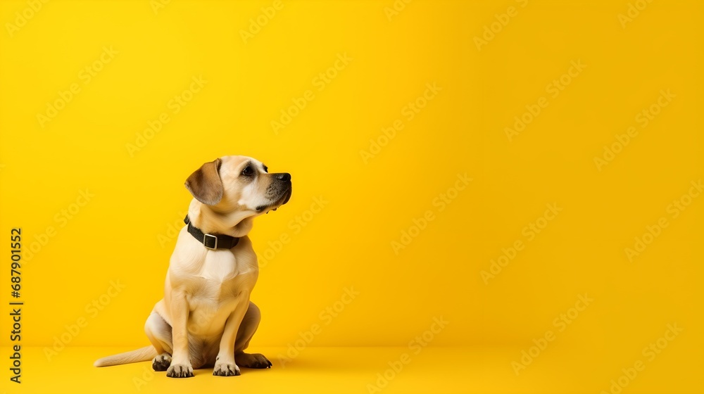 dog looking to side on yellow background, studio shot, copy space. Generative AI.