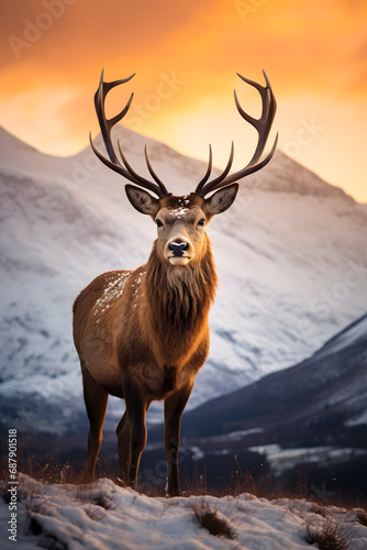 Beautiful red deer in the mountains at sunset