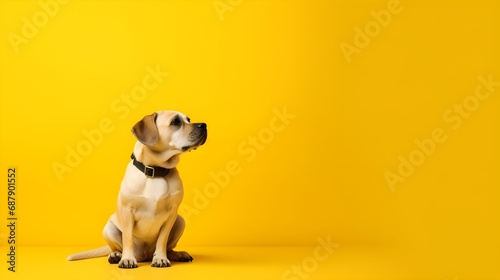 dog looking to side on yellow background, studio shot, copy space. Generative AI. © PSCL RDL