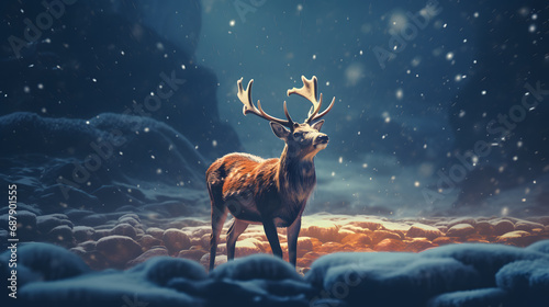 Fantasy winter landscape with deer and falling snow © wahyu