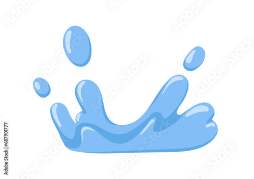 Water splash, spatter effect. Fresh clean aqua splatter with clear blue drops. Pure refreshing liquid, cold cool fluid in motion, movement. Flat vector illustration isolated on white background