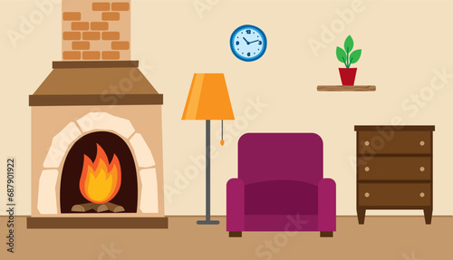 Interior of a room with a fireplace. A sitting room with a cozy chair, a chest of drawers, a lamp and a wall clock. Vector illustration