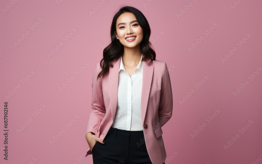 Smiling Asian Businesswoman with Blazer on Soft Pink Background Smiling Asian Businesswoman with Blazer on Soft Pink Background