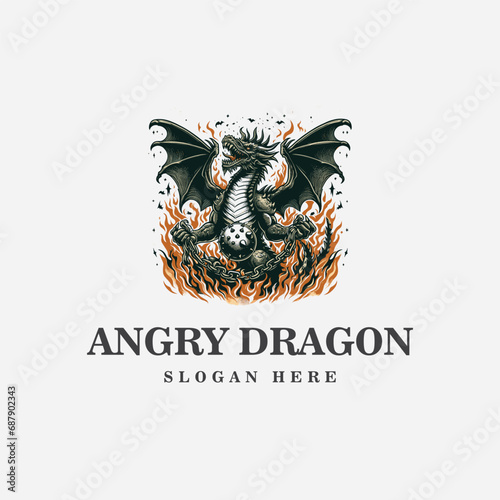 dragon logo design, with an angry expression, and in black and white monochrome style