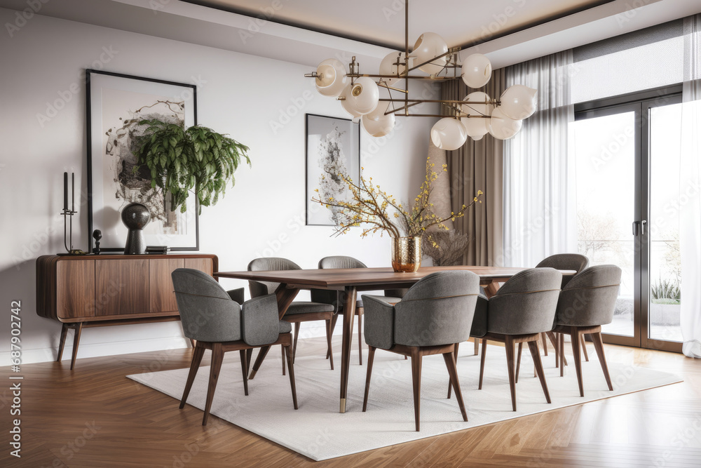 Obraz premium 3D rendering of a dining area in a modern living room.