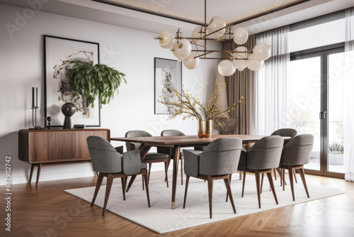 3D rendering of a dining area in a modern living room.