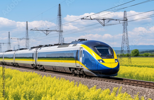A modern high-speed train runs on the high-speed rail outside the city in summer.