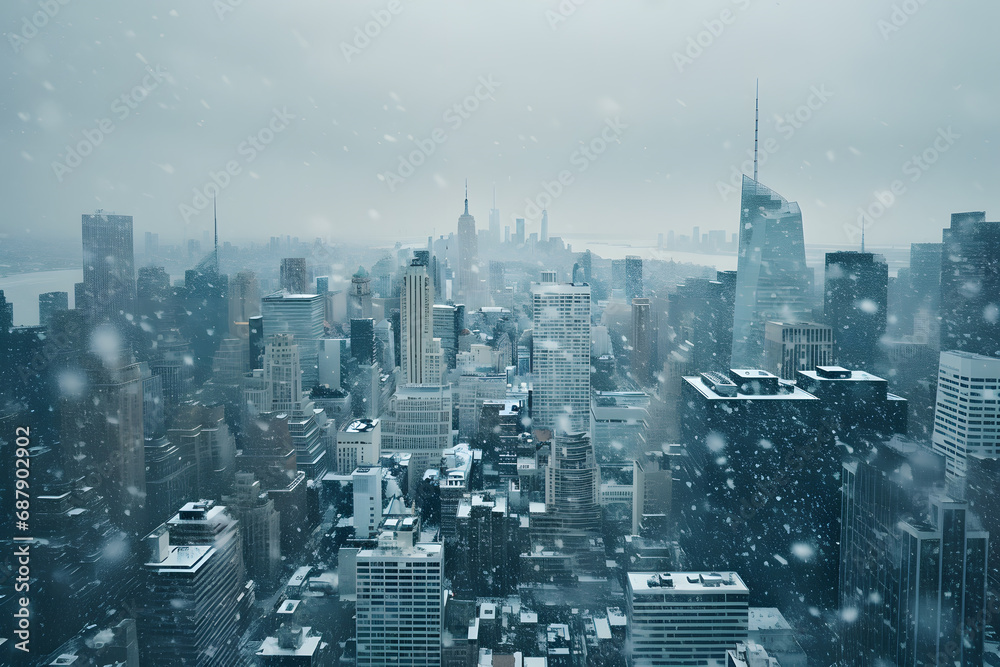 Manhattan, New York City during a snowfall with snowflakes