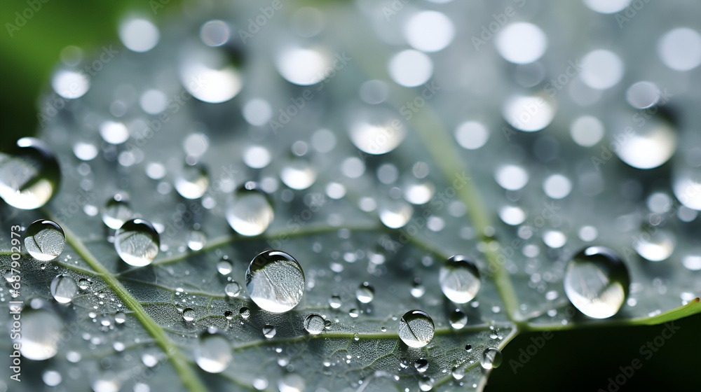 water drops on green leaf, silver rain drops on the green leaf
