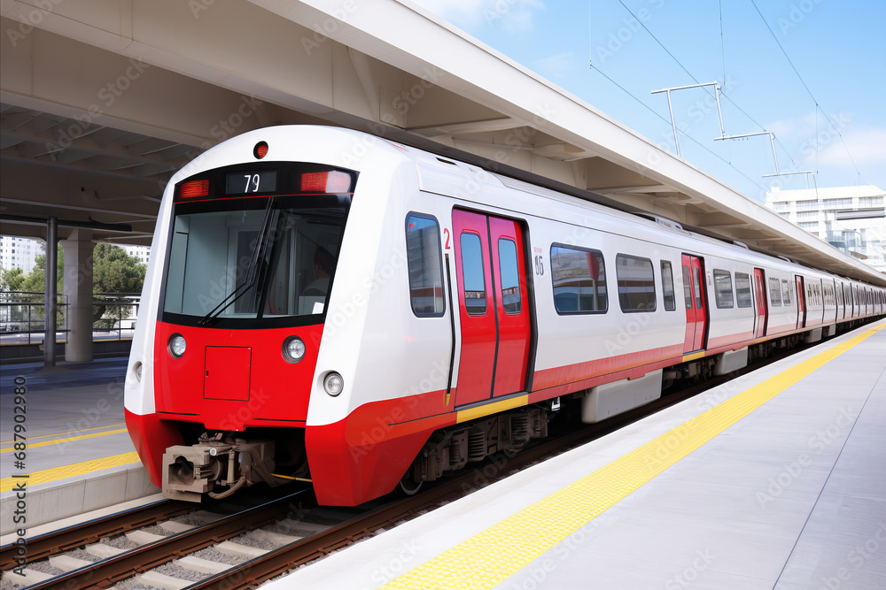 A modern train stands at a station in the city