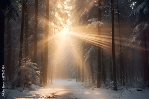 Beautiful winter landscape with sun rays shining through the trees in the forest