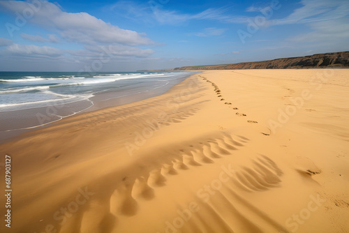 A long sandy seashore  where the wind drives the waves.