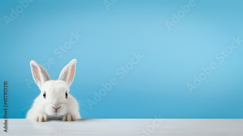 White Easter bunny on a plain blue background. Copy space