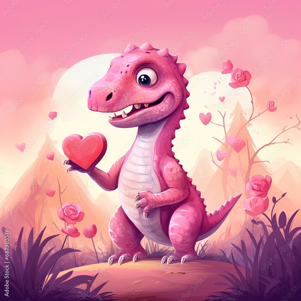 Cute pink dinosaur with hearts
