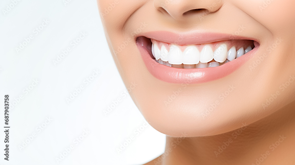 Partial portrait of a girl with white teeth smiling. Closeup of young woman at dentist's studio isolated on white background.
Partial portrait of a girl with white teeth smiling. Closeup of young woman at dentist's studio isolated on white background.