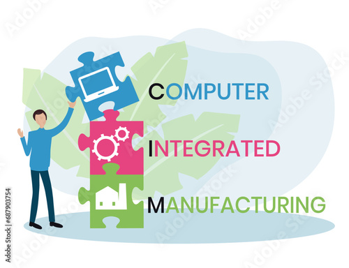 CIM, COMPUTER INTEGRATED MANUFACTURING acronym. Concept with keyword and icons. Flat vector illustration. Isolated on white.