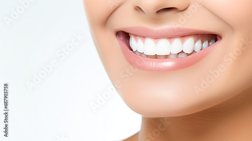 Partial portrait of a girl with white teeth smiling. Closeup of young woman at dentist's studio isolated on white background. 