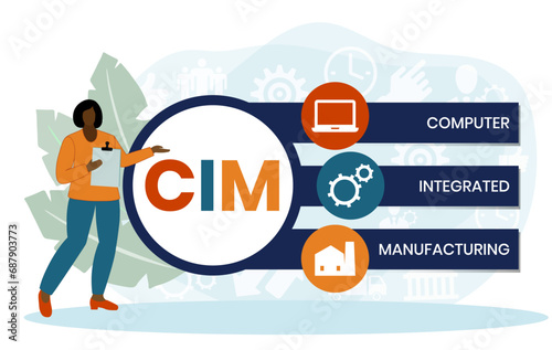 CIM, COMPUTER INTEGRATED MANUFACTURING acronym. Concept with keyword and icons. Flat vector illustration. Isolated on white.