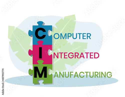 CIM, COMPUTER INTEGRATED MANUFACTURING acronym. Concept with keyword and icons. Flat vector illustration. Isolated on white.