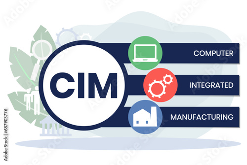 CIM, COMPUTER INTEGRATED MANUFACTURING acronym. Concept with keyword and icons. Flat vector illustration. Isolated on white.