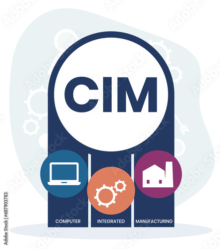 CIM, COMPUTER INTEGRATED MANUFACTURING acronym. Concept with keyword and icons. Flat vector illustration. Isolated on white.