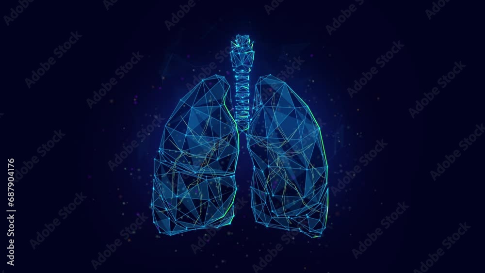 Abstract Animated Low Poly Illustration of a Breathing Human Lung made of Connected Dots and Neon Particles. 4K Looped Motion Graphic Background
