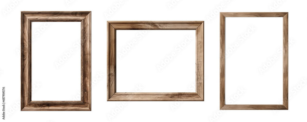 Set of empty natural wooden photo frames on transparent background. Realistic border wooden rectangular picture frame for design, Image display concept Set of empty natural wooden photo frames on transparent background. Realistic border wooden rectangular picture frame for design, Image display concept