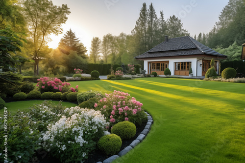 beautiful manicured lawn in the backyard of a private house photo