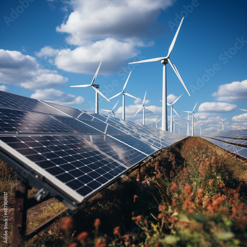 Photovoltaics solar panel and wind turbines generating electricity. Alternative energy from nature.Concept of sustainable resources. photo