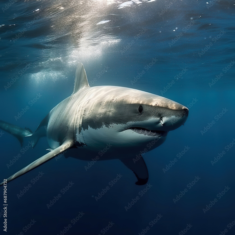 Naklejka premium giant white shark under the water, Generative AI