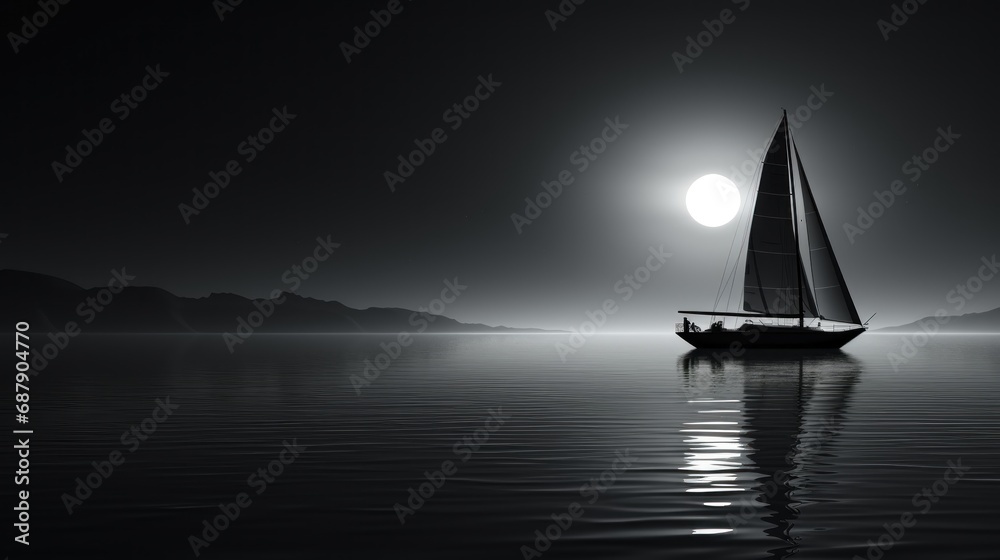 Moonlit sailboat on a calm sea, black and white color, background 