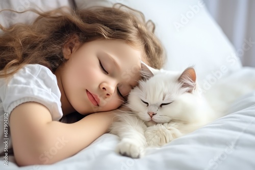 Little Girl And Cat Sleeping Together In White Bed