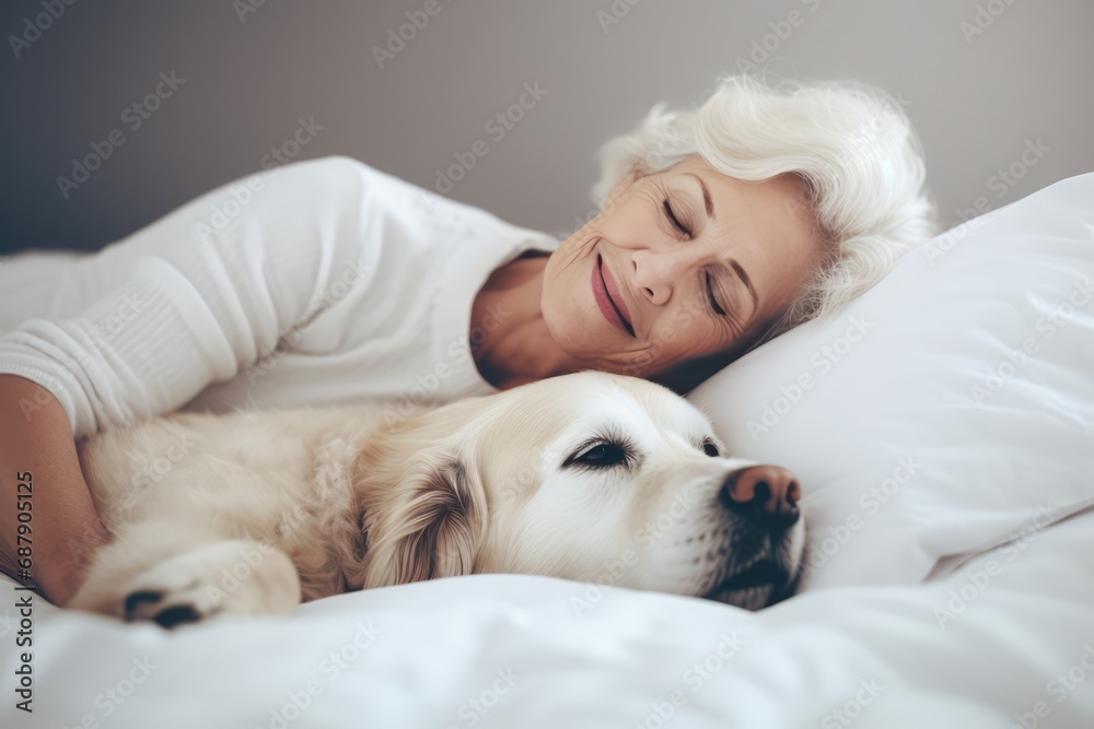 An Old Woman And Dog Sleeping Together In White Bed An Old Woman And Dog Sleeping Together In White Bed